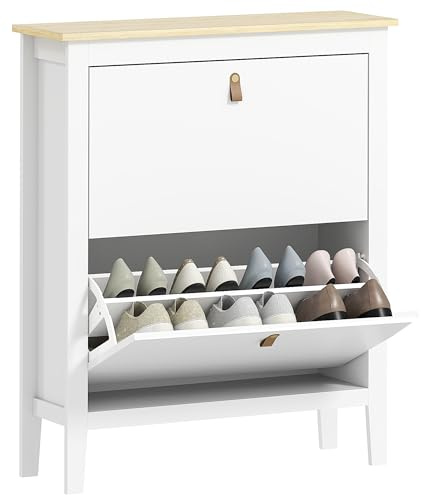 HOMCOM 2 Drawer Shoe Cabinet Flip Doors 14 Pairs 80 x 24 x 95.5 cm White | Narrow Shoe Storage Cabinet, Removable and Adjustable Shelves, Footwear Cupboard, Hallway, Entryway