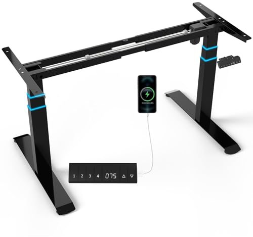 Flamaker Höhenverstellbarer Schreibtisch Gestell 74CM-133CM Tischgestell höhenverstellbar 3-stufige mit USB-Buchse, 4 Memory-Steuerung, Rollen, Häkchen(Schwarz)