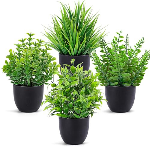 BTSD-home gefälschte Pflanzen 4-Pack künstliche Pflanzen Kleine Faux im schwarzen Topf für Badezimmer Home Office Tisch Dekor Indoor