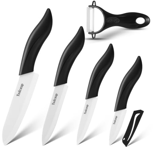 Yedcxup Keramikmesser Set 5-teilige scharf Küchenmesser mit Abdeckung | mit 15cm Kochmesser 12.8cm Universalmesser 10.2cm Obstmesser 7.7cm Schälmesser und Schäler