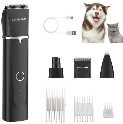 BarberBoss Professional Dog Grooming Kit – Pet's Groomer, Cordless Dog Clippers for Thick & Matted Fur, Cats Paw Trimmer, Cat Clippers, Rechargeable Pet Grooming Set