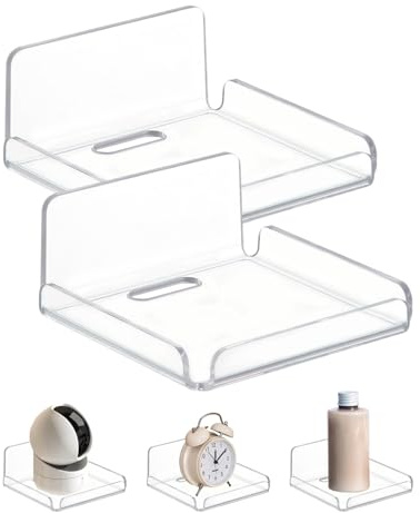 Eclovane 2 Pieces Modern Acrylic Wall Shelf – No-Drill Clear Floating Display Shelf with Adhesive, Damage-Free Mounting for Bathroom, Bedroom, Kitchen & Office