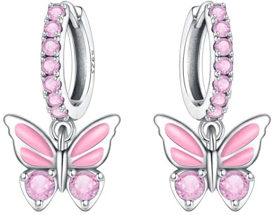CYMYSS Örhängen Silver 925 Hängande Zirkonia Örhängen Örhängen Silver 925 Dinglande Örhängen Dam 925 Hängande Örhängen för Dam Present till Kvinnor Flickvän Mamma (Rosa fjäril)