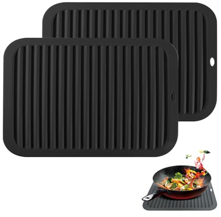 2 Pack Silicone Trivets for Hot Pans and Pots, Multipurpose Silicone Trivets for Kitchen Worktops, Heat Proof Mat and Worktop Protector for Hot Dishes Pots No Slip 23x30cm Black