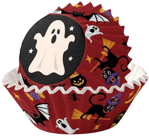 MOMAHUA 100 Stück Halloween Muffinförmchen Papier, Roter Geist Muffins Backförmchen, Papierbackförmchen Backformen Muffin Cupcake Formen Papier Fällen Liners Wrapper Förmchen für Backen Dessert Party