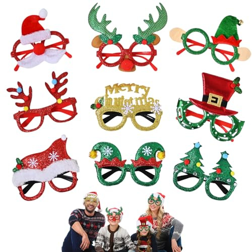 Superum 9 Stück Weihnachtsbrillen Elchnase & Elf Set,Lustige Weihnachtsbrillen Weihnachten Brillen Rahmen Elch Nase Partybrillen Erwachsene Kinder Deko Weihnachten Party