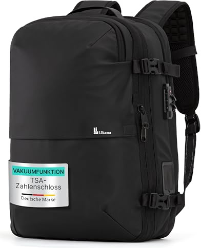 Vakuum Rucksack 25–60 L mit integrierter USB-C Pumpe – Kompressions-Reiserucksack Handgepäck, erweiterbar & wasserdicht mit Nassfach, Laptopfach 17 Zoll, TSA Schloss, Business und Reisen schwarz
