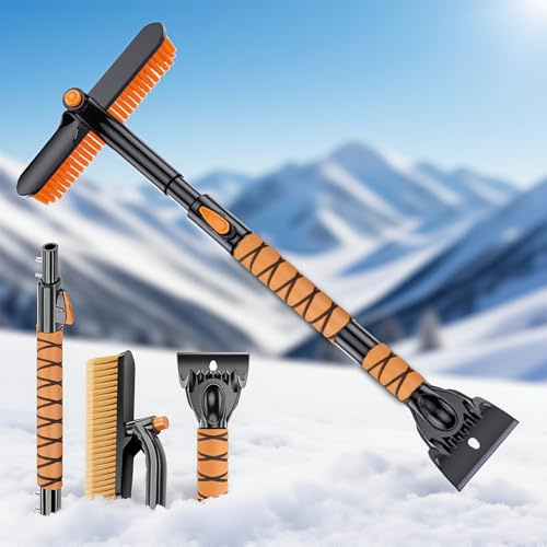 Eiskratzer Teleskop Schneebesen，3-In-1 Multifunktionaler Auto Reinigungsbürst，mit 360°Drehbarem Schneebürstenkopf，Ergonomischer Schaumstoffgriff für Windschutzscheiben von Limousinen, Suvs und Lkws