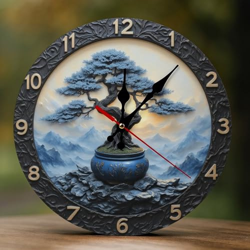 Novastar Decorative Wall Clocks Battery Operated 10 Inch - Modern Wooden Zen Bonsai Tree 2D Print Non Ticking Silent Wall Clocks for Living Room Bedroom Office Hotel Kitchen Bathroom Decor