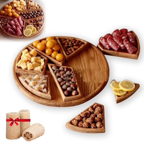 Plateau de service puzzle en bois, plateau de nourriture de Noël, plateau de nourriture à fruits, assiette à charcuterie, plat divisé pour sandwich, biscuits, planche à apéritif en bambou pour fête (1