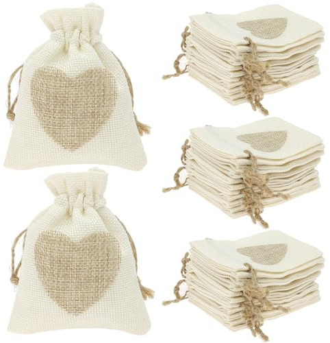 50Pcs Hessian Bags with Drawstring Jute Bags Small Burlap Bag Cotton Drawstring Bag with Heart Pattern Reusable Wedding Gift Pouch for Presents Jewelry Nuts