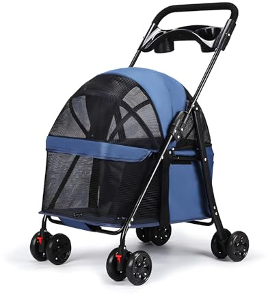 Poussette pour chats et chiens de petite et moyenne taille - Poussette pliable à 4 roues - Poussette pliable pour chien et chat - Avec porte-gobelet et fenêtre en maille visible (bleu)