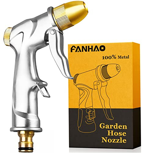 FANHAO Garden Hose Spray Gun with Full Brass Nozzle, 100% Heavy Duty Metal Water Gun, High Pressure Adjustable Spray Nozzle for Plants Watering, Cleaning, Car Washing and Pets Showering