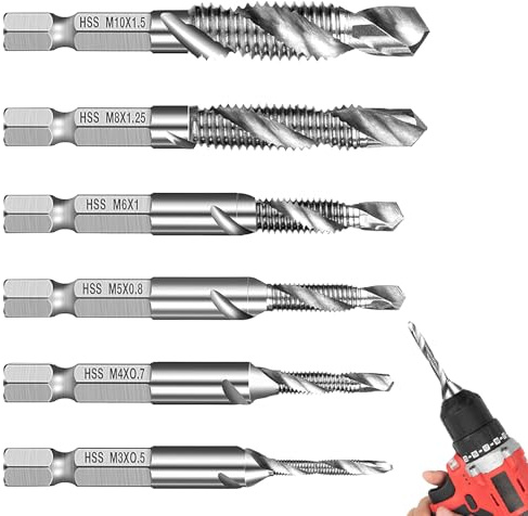 6 Stück Kombi-Bohrer und Gewindeschneider Set M3 M4 M5 M6 M8 M10 Gewindebohrer Bit Bohrer Set Metall mit Rostschutzbeschichtung Sechseckiger Griff Kombigewindebohrer für Metall Holz Wand Kunststoff