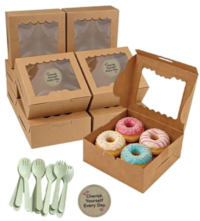 HAIYIPEIZENG Cupcake Boxes,30Set Kraft Cake Boxes with Window 13.5x13.5x5cm | Mini Bakery Pastry Boxes for Cookies & Cupcakes, 30Cake Boxes,30Spoons,30Stickers,Packaging Set for Home Coffee Shop Bakers