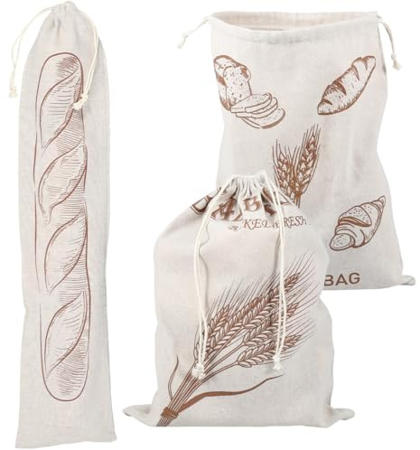 3Pcs Natural Linen Bread Bag for Homemade Bread Cotton Linen Keep Fresh Reusable Homemade Breads Storage Bags with Drawstring Unbleached for Sourdough Breads
