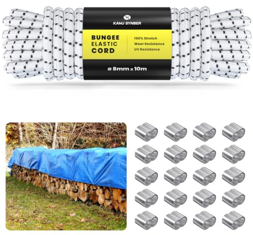 Gummirep 8mm x 10m Gummisnöre Gummilina med 20 Repklämmor | 100% Stretch, Med 20 Repklämmor, Durable, Camping, Presenning, Släpvagn, Gör-det-själv, Skosnören
