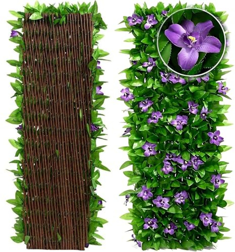 Vinclus Artificial Ivy Expandable Fence Screen–30×200cm Privacy Hedge Panel for Balcony,Patio&Garden|Decorative Faux Leaf Fencing with Purple Flowers|Indoor/Outdoor UV-Resistant,Weatherproof,1PCS
