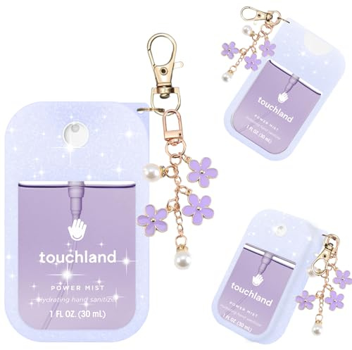 QIOFEARTH Hand Sanitizer Spray Case Compatible with Touchland Power Mist 1 oz(30 ml) - with Flower keychain Silicone Protective Cover Accessories for Touchland (Glittery purple)
