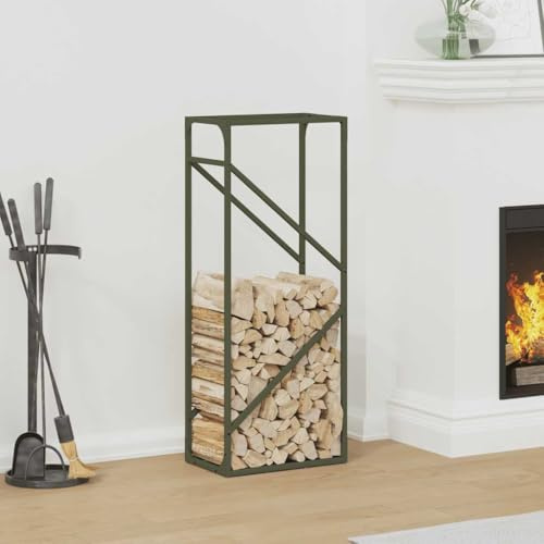 QUAHEAS Vedhylla, olivgrön av kallvalsat stål, 40 x 25 x 100 cm, vedhylla med stor förvaring och väderbeständig design för trädgård, terrass, vardagsrum, vedspis
