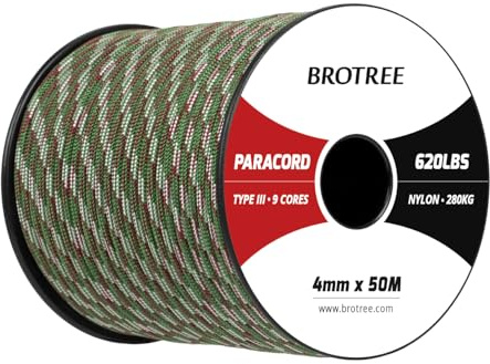 Brotree Paracord 4mm 50M 9 Strands 100% Nylon Rope Type 3 Parachute Cord for Outdoor, Bracelet, DIY - 280kg Breaking Load (Army Green Camo)