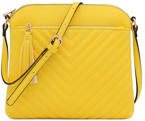 FashionPuzzle Chevron Quilted Medium Crossbody Bag with Tassel Accent (Yellow)