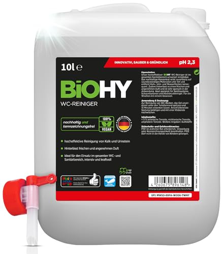 BiOHY WC-Reiniger (10 Liter Kanister) + Auslaufhahn | Bio Toilettenreiniger mit frischem Schaum | EXTRA STARK | Badreiniger Gel wirkt effektiv gegen Kalk & Urin | säubert die Toilette blitzschnell
