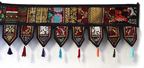 ICC valances for Windows Toran Cotton Vintage Patchwork Door Hanging Valance Window Hand Embroidered Bohemian Decor Living Room Wall Bedroom Living Room Home Handmade Decorations Black 42 Inches