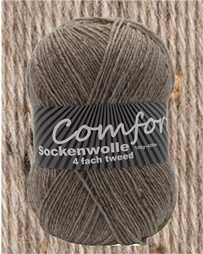 100gr Comfort Sockenwolle Strumpfwolle Tweed 4-fädig - 100gr Knäul - 420m Lauflänge - Nadelstärke 2,5-3,0mm-klassiche traditionelle Farben (mittellgrau 03)
