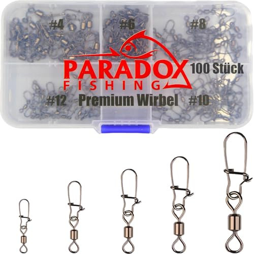 Paradox Fishing Duo Lock Angel Wirbel Set I enthält Größen #4-#12 100 Stück I Wirbel Angeln Wirbel Angel-Zubehör Set Wirbelsortiment Angelwirbel mit Karabiner Karabinerwirbel Angelzubehör