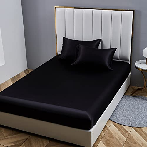Damier Spannbettlaken 200x200cm Schwarz Satin Seide Glänzend Bettlaken Hochwertiges Deluxe Unifarben Spannbetttuch, geeignet für Matratzen bis 30cm