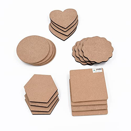 IVEI MDF-Platte DIY Untersetzer – MDF Einfarbig Holzuntersetzer in gemischten Formen – Blanko-Ausschnitte zum Malen, Mandala-Kunst, Brandmalerei – 12 Stück