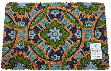 Natural Coir Mat Printed Patterned Dirt Trapper Indoor/Outdoor Door Mat Welcome Mat Non-Slip PVC Backed Doormat 60cm x 40cm (Green Design)