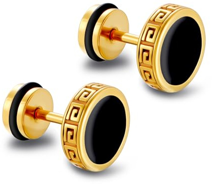 2026 Upgraded Hypoallergenic earrings for men,Mens surgical steel black stud earring jewelry,Great Wall wall grain round cake shape,Single black gel 0.4 inches wide