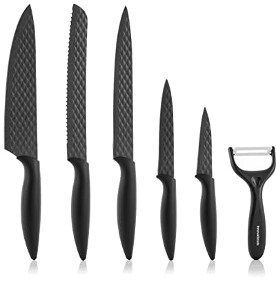 InnovaGoods® Set de cuchillos cocina diamante (6 piezas), cuchillos de corte preciso, set de cuchillos de acero Inoxidable y Recubrimiento cerámico, Cuchillo de Cocina, Pelador, pan, Fileteador.