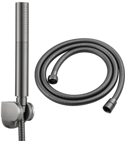 Tecmolog Handbrause Schmal 2-Modell Messing Duschkopf mit Schlauch 1.5m und Halterung für Badezimmer, Grau, BS159GRF