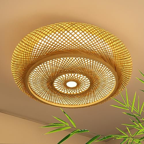 Deckenleuchte Bambus LED Holzlampe Mit Fernbedienung Dimmbar Handgewebte Natürlicher 40W Retro Rattan, Rund Für Schlafzimmer Wohnzimmer Flur, 40cm