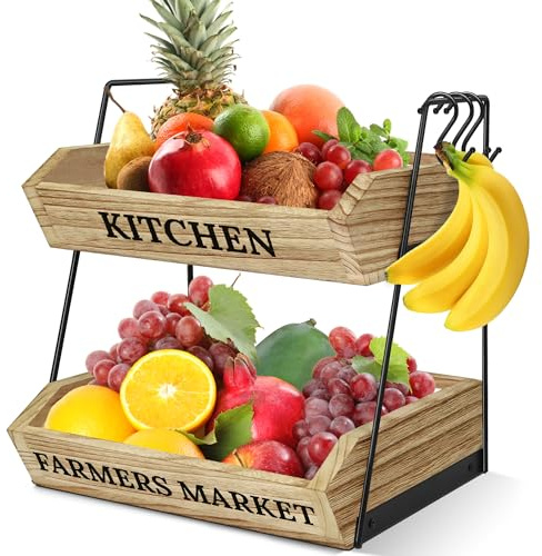 Esbainia Fruit Basket for Kitchen Countertop, 2 Tier Fruit Bowl with 3 Banana Hangers, Large Capacity Fruit Stand Storage Holder, Wooden Basket for Fruit Vegetables Snack, Kitchen Organizer Decor