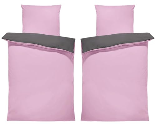 one-home Uni Wende Bettwäsche Einfarbig Mikrofaser Garnituren Bettbezüge Unifarben Reißverschluss (rosa/anthrazit, 4 teilig 135x200 cm)