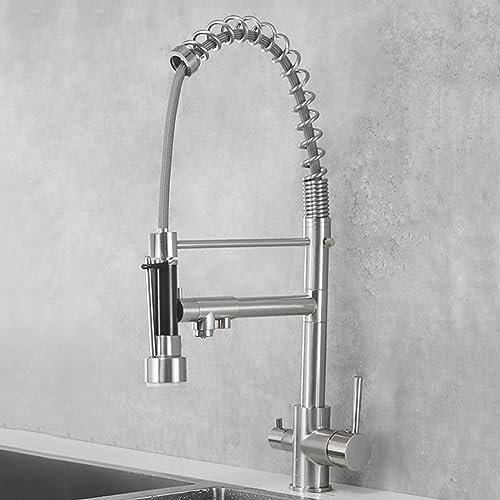 XJTNLB 3 Wege Wasserhahn Küche für Wasserfilter 2 Modus Osmose Armatur Küche Spiral Spring 360° Drehba Osmoseanlage Direkt an Wasserhahn,Gebürstet,B