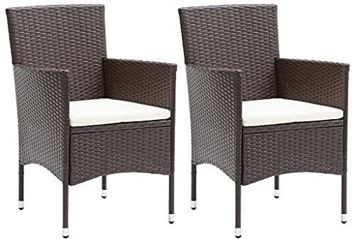 vidaXL Garten Essstühle 2 STK., Essstuhl mit Kissen, Gartenstuhl mit Stahlgestell, Gartensessel Stuhl Sessel Stuhlset, Braun Poly Rattan