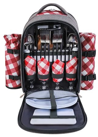 apollo walker Picknick-Rucksack mit Kühlfach, abnehmbarer Flaschen-/Weinhalter, Fleecedecke, Teller und Besteck-Set (4 Personen, grau)