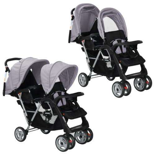 Hommdiy Geschwisterwagen Klappbares Design Kinderwagen Baby Kinder Buggy Alleinstehende Person Kinderbuggy Reisebuggy Grau Stahl