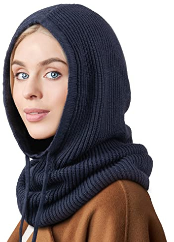 AQOKKA Chapeaux d'hiver pour Femmes Cagoule en Tricot Bonnet tête de Mort avec Cordon de Serrage Chaud Écharpe à Capuche Chapeau, 1 PC Chapeau à Capuche : Bleu Marine, Taille Unique