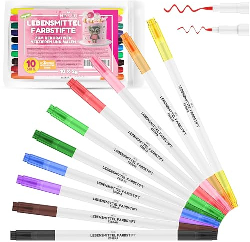 He-Ju Lebensmittelstifte essbar 10er Set, vegan, glutenfrei, Lebensmittel Stifte Set in 10 Regenbogenfarben mit 2 Spitzen zum Malen und Schreiben auf Torten & Co.