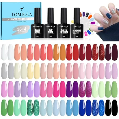 TOMICCA 42PCS UV Nagellack Set, 36 Farben Gel Nagellack Rosa Grün Violett & 4PCS Base Top Coat Set mit Blooming Gel & 2*Rund Nagel Display Nagel Tip Ausstellung, für Nagelstudio und DIY Home