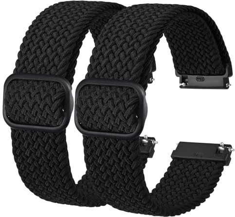 BISONSTRAP 2-pack flätade klockarmband i nylon, uppgradering justerbart spänne, stretchiga ögla-remmar för män och kvinnor, bandbredd 16 mm 18 mm 19 mm 20 mm 22 mm 24 mm, 20mm, Nylon, Ingen ädelsten