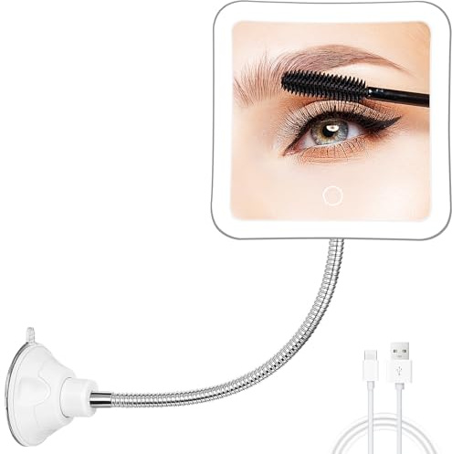 Fabuday Miroir grossissant flexible en col de cygne éclairé 30x – Miroir de maquillage rechargeable amélioré avec lumières et grossissement, miroir de voyage LED avec ventouse pour salle de bain