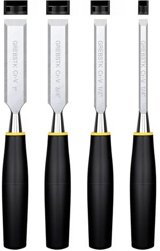 GREBSTK 4-teiliges scharfes Holzstechbeitel-Set, abgeschrägte CR-V-Stahl-Klingen mit Schutzkappen, komfortabler, langlebiger Griff, für Schnitzen, Heimwerken & Holzbearbeitung (6mm,13mm,19mm,25mm)