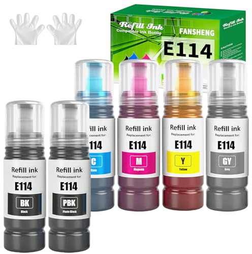 FANSHENG 114 Tinte kompatibel mit Epson 114 Tintenfehlflaschen für ET-8500 ET-8550 Drucker (6 Pack Schwarze/Foto Schwarze/Cyan/Magenta/Gelb/Grau)